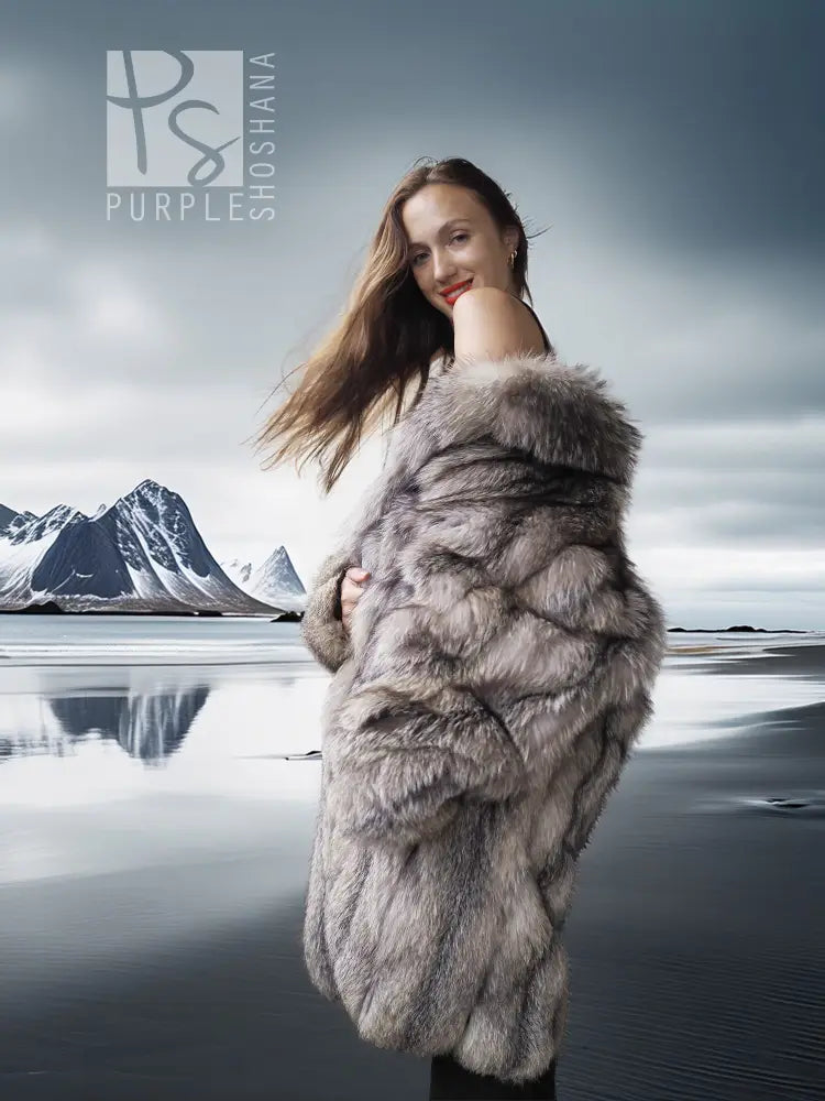 Gray fox fur jacket with wide layered collar and long sleeves