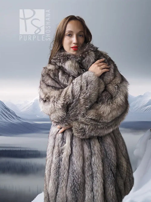Fur jacket with button collar, gray-brown textured pile, long sleeves