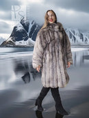 Long faux fur jacket with button-front collar and vertical textured stripe pattern