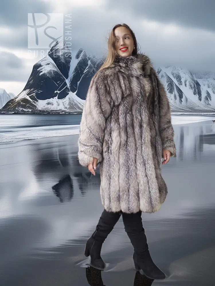 Long faux fur jacket with button-front collar and vertical textured stripe pattern