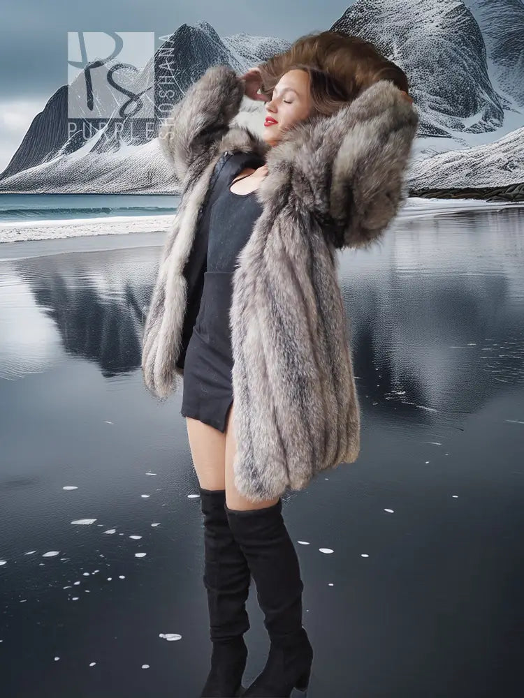 Long faux fur coat with high collar and open-front styling, draped sleeves