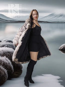 Fur jacket with button collar, gray-brown textured pile, flared hem