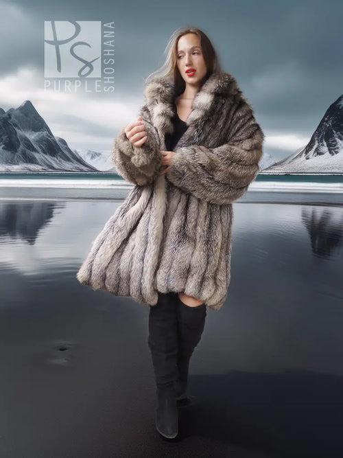 Gray fox fur jacket with wide collar and full-length flared body