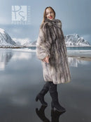 Fur jacket with button collar, gray-brown textured pile, side view