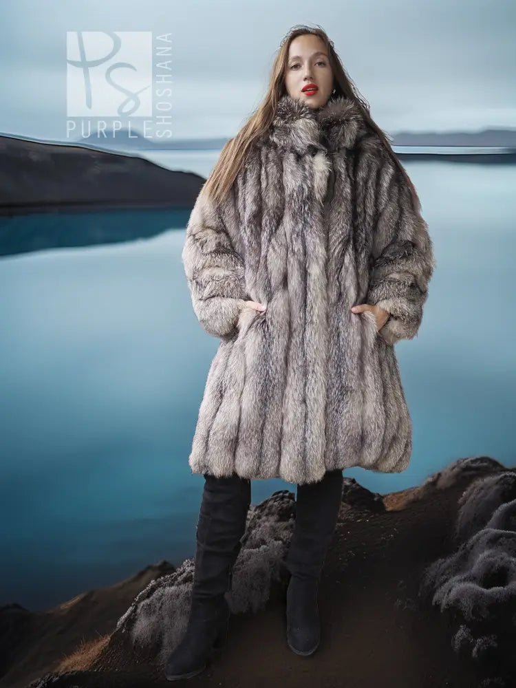 Fur jacket with button collar, gray-brown textured pile, front view