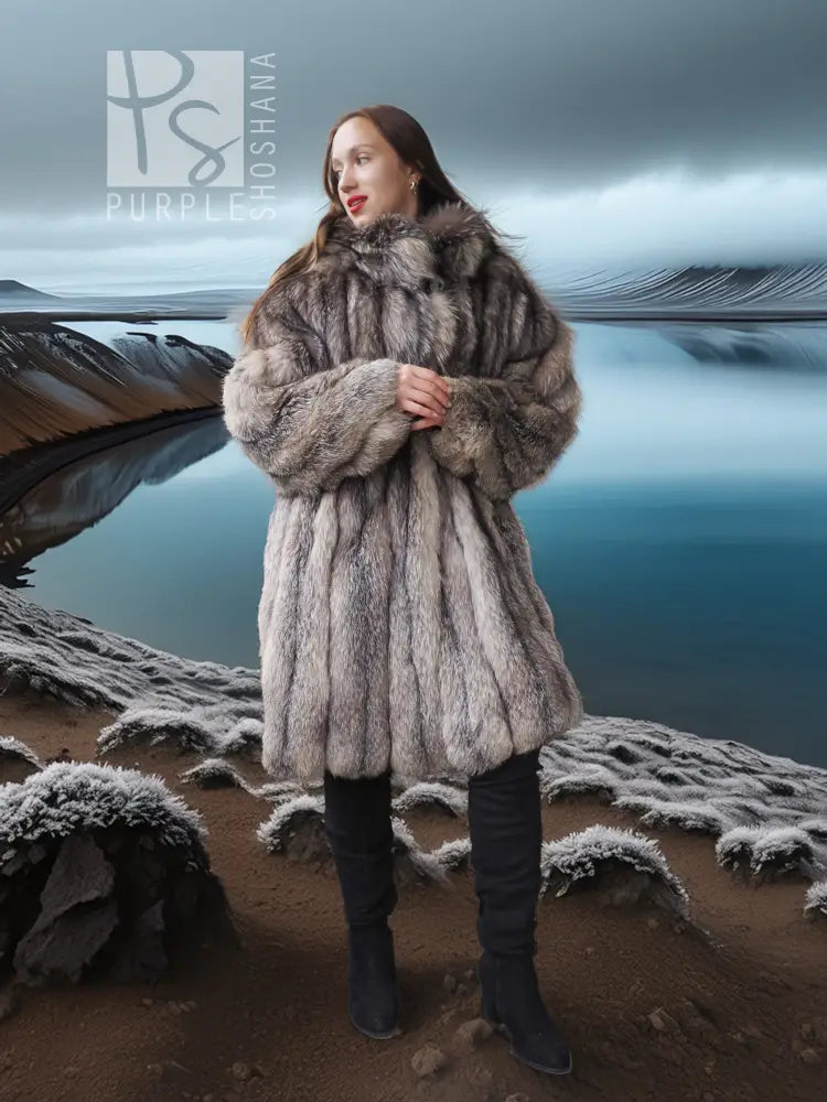 Fur jacket with button collar, gray-brown textured pile, relaxed front stance