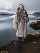 Long faux fur coat with high collar and button-front placket, full length