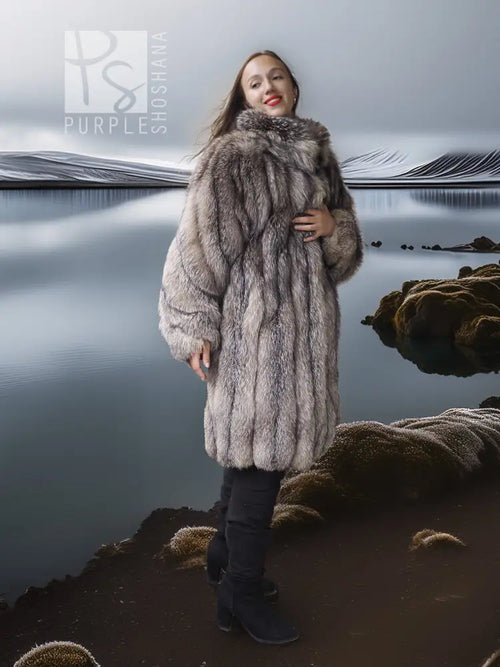 Long faux fur coat with high collar and button-front placket, full length