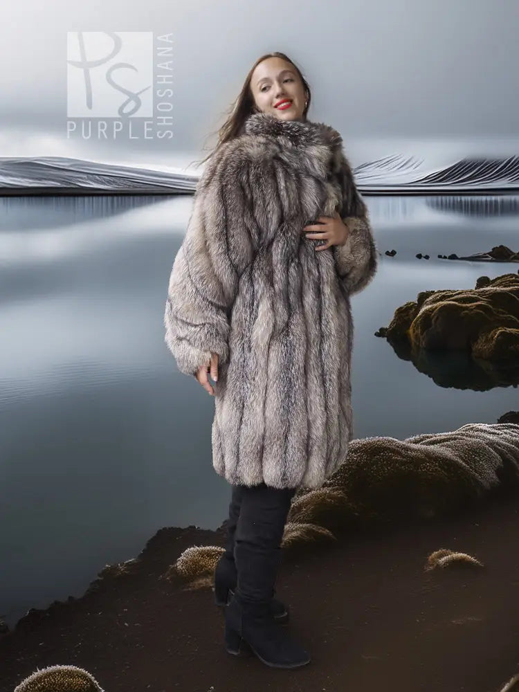 Long faux fur coat with high collar and button-front placket, full length