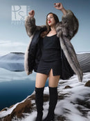 Gray fox fur jacket with wide collar, open front, and long sleeves