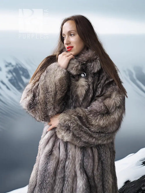 Fur jacket with button collar, gray-brown textured pile, close-up of neckline