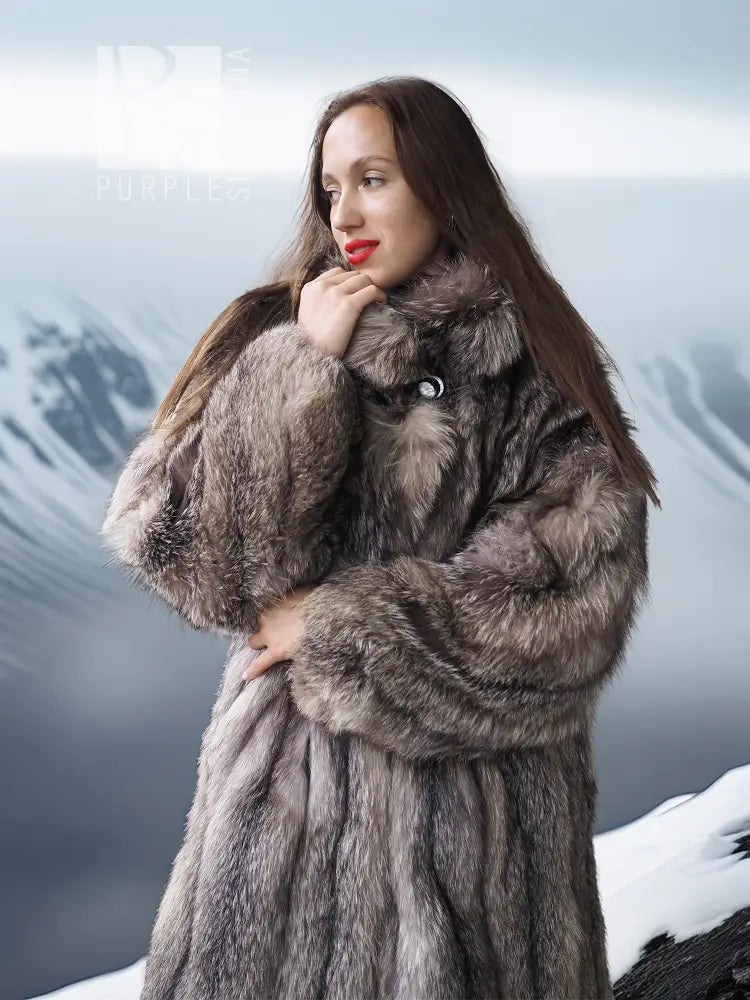 Fur jacket with button collar, gray-brown textured pile, close-up of neckline