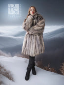 Fur jacket with button collar, gray-brown textured pile, full-length view