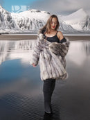 Fur jacket with button collar, gray-brown textured pile, open front