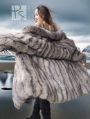 Gray fox fur jacket with wide draped collar and layered front panel