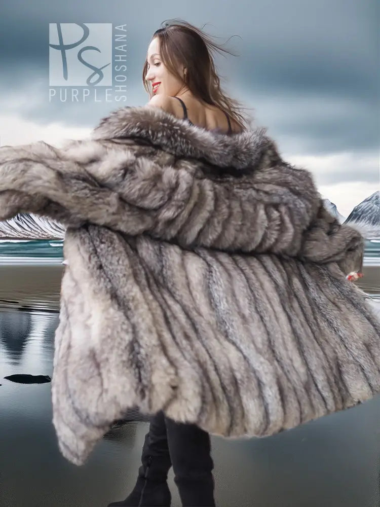 Gray fox fur jacket with wide draped collar and layered front panel