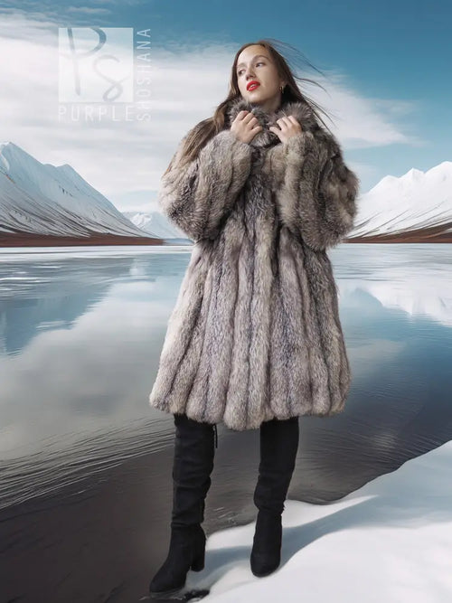 Fur jacket with button collar, gray-brown textured pile, standing full-body view