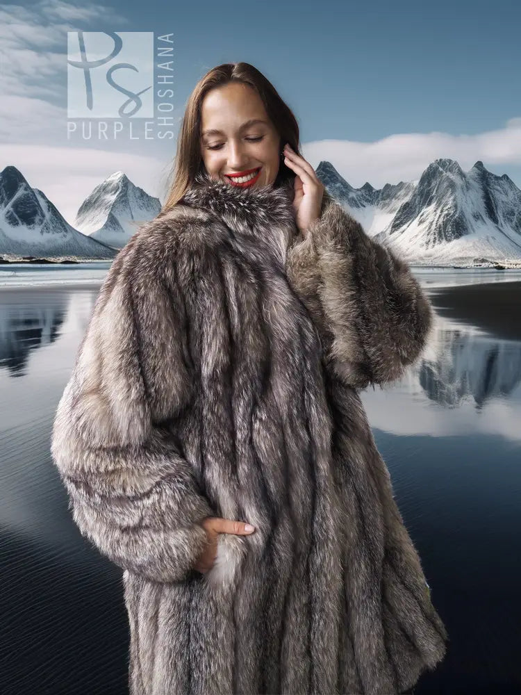 Long faux fur jacket with structured collar and vertical textured stripes on sleeves