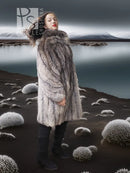 Fur jacket with button collar, gray-brown textured pile, back-facing angle