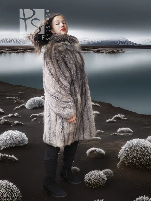 Fur jacket with button collar, gray-brown textured pile, back-facing angle