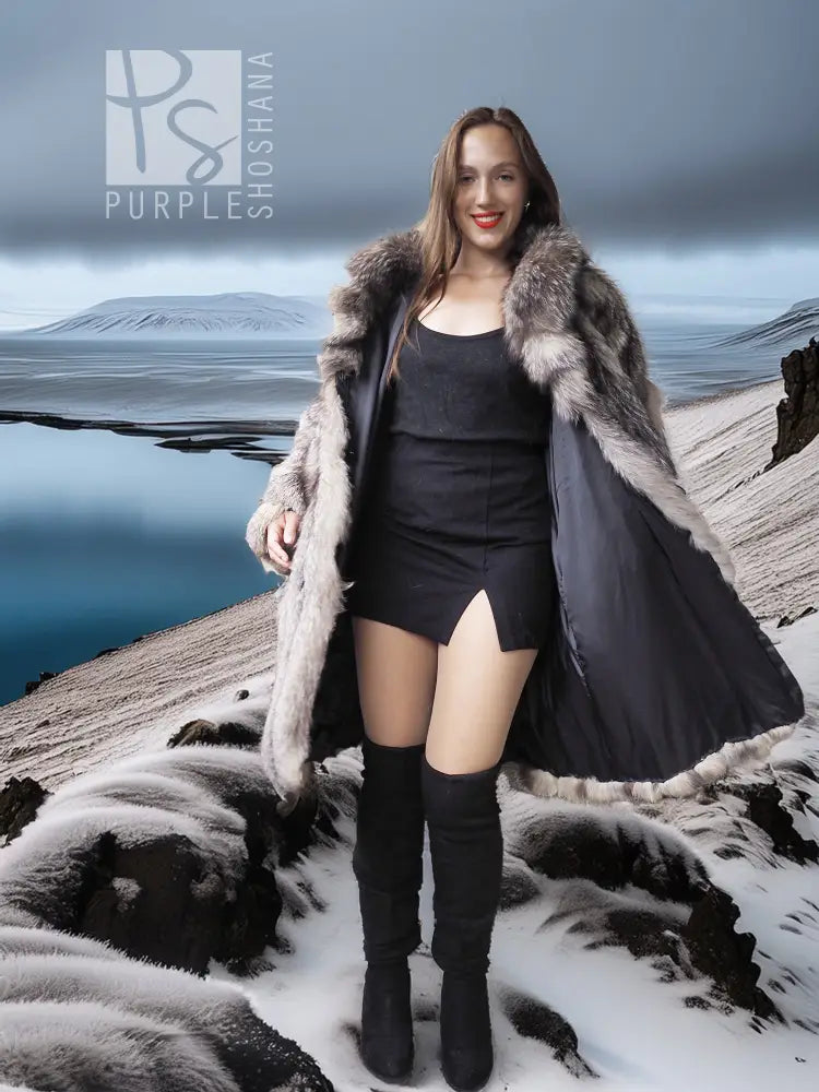 Long faux fur coat with open-front look and textured sleeves over a dark dress