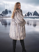 Long faux fur jacket with textured vertical pattern and stand collar detail