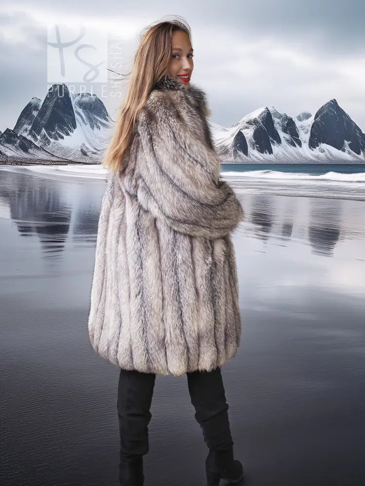 Long faux fur jacket with textured vertical pattern and stand collar detail