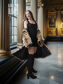 Faux fur leopard-pattern coat, open front, long sleeves, flared silhouette