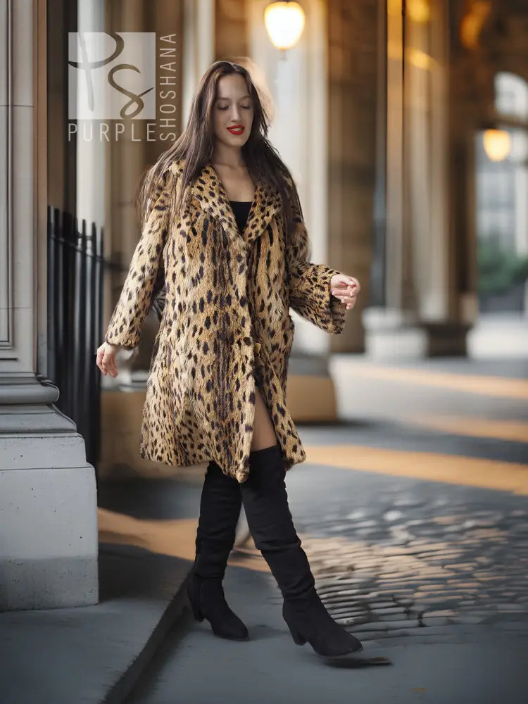 Hooded animal-print fur coat in tan with dark leopard spots, mid-thigh length