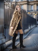 Leopard-pattern fur coat, oversized shoulder fit, tan with dark spots, open front
