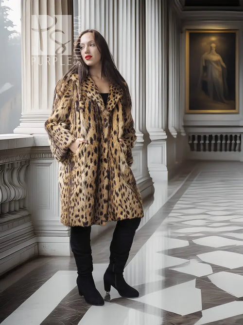 Hooded animal-print fur coat, tan with dark leopard spots, knee-length hem