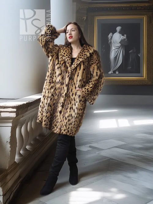 Hooded animal-print fur coat, tan with dark leopard spots, long sleeves