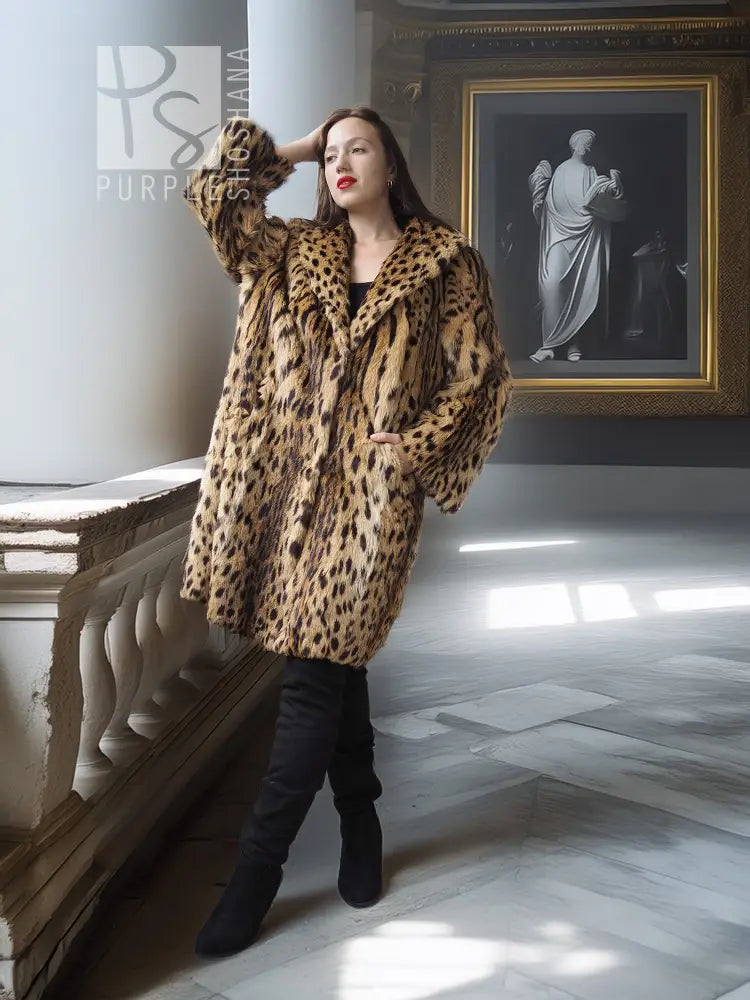 Hooded animal-print fur coat, tan with dark leopard spots, long sleeves