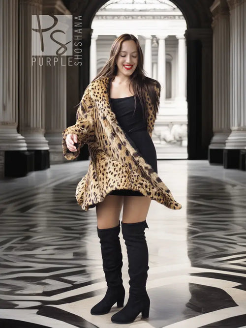 Rare patterned fur coat with leopard spots, open front, long sleeves