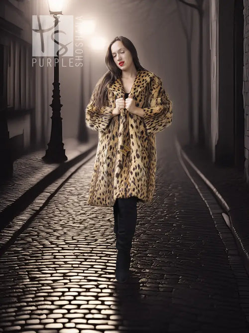 Hooded animal-print fur coat, tan with dark leopard spots, buttoned front