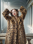 Hooded leopard-spotted fur coat, tan with dark spots, plush textured look