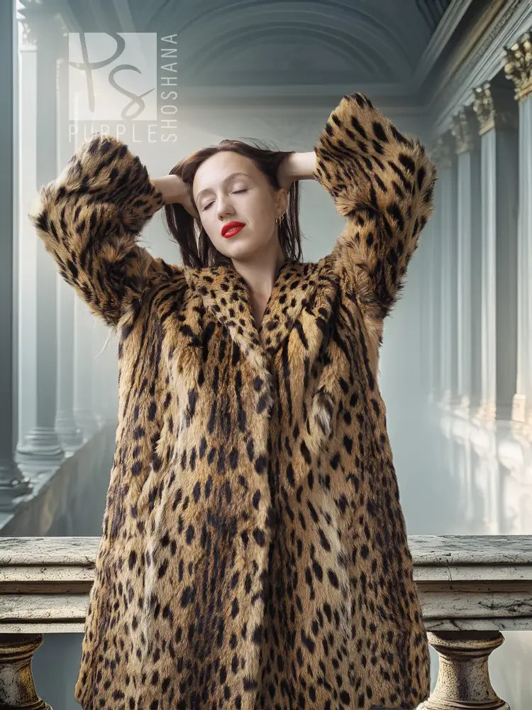 Hooded leopard-spotted fur coat, tan with dark spots, plush textured look
