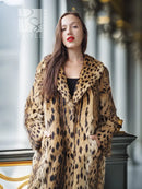 Faux fur leopard-pattern coat with shawl collar, long sleeves, open front