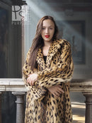 Leopard-spotted fur coat with hood, tan with dark pattern, relaxed portrait view