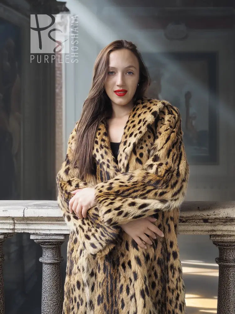 Leopard-spotted fur coat with hood, tan with dark pattern, relaxed portrait view