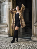 Faux fur leopard-pattern coat, long sleeves, open front, wide collar