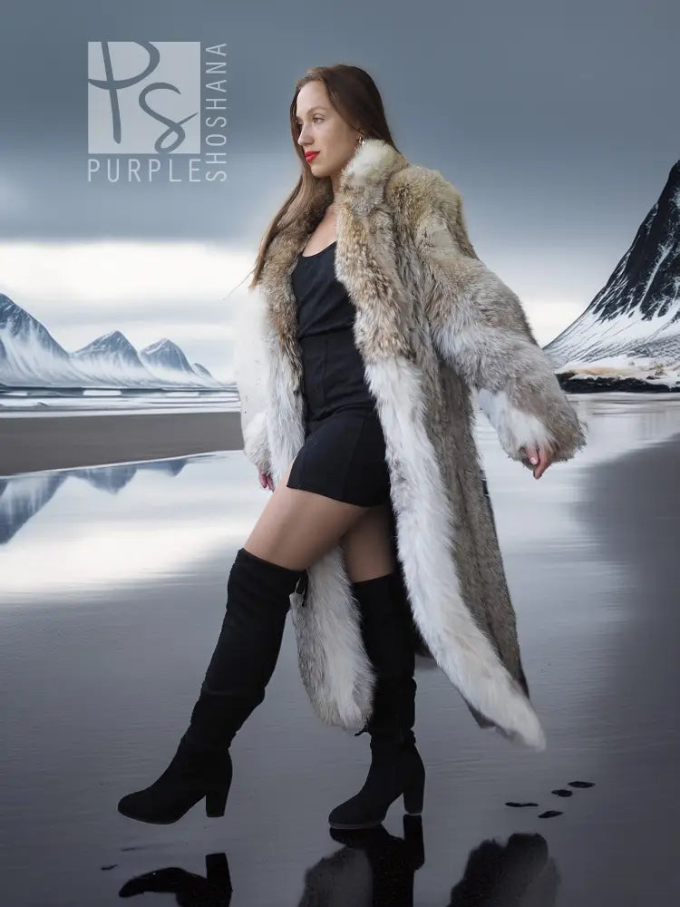 Coyote fur coat with white trim, draped shaggy fur sleeves and deep V opening