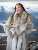 Coyote fur coat with light faux-fur collar and buttonless open front