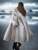 Coyote fur coat with white accents from the back, long flared hem