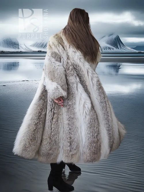 Coyote fur coat with white accents from the back, long flared hem