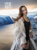 Fur coat with white accents over black lingerie, long sleeves and open-front style
