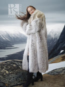 Coyote fur coat with light fur panels, mid-thigh length and wide collar