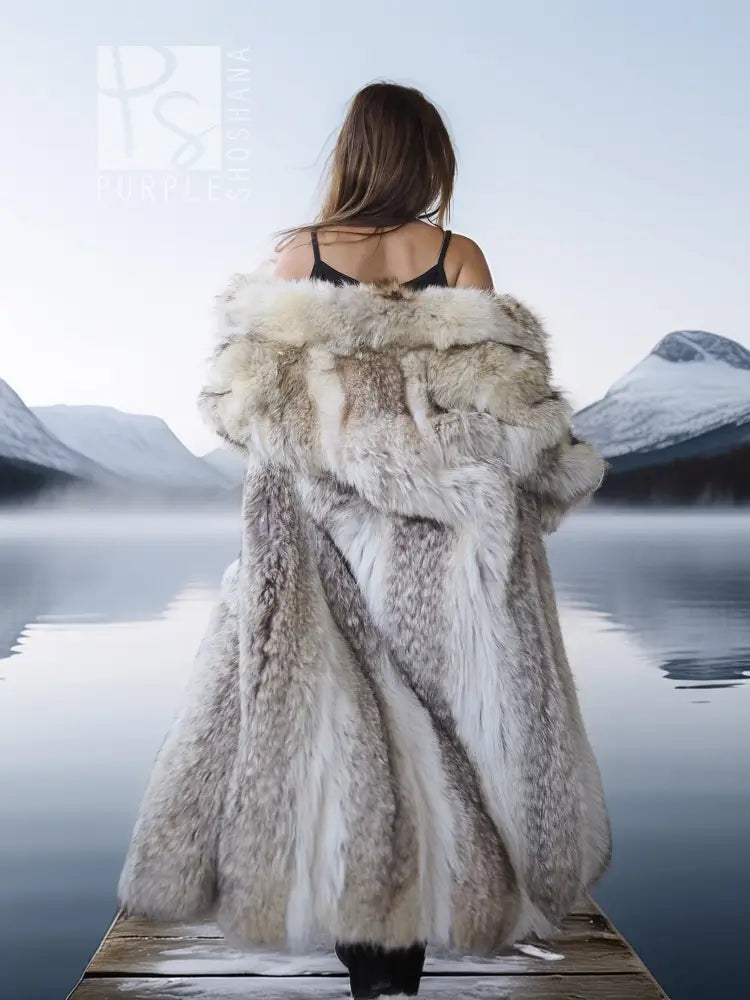 Coyote fur coat in coyote tones with white trim, back view and long sleeves