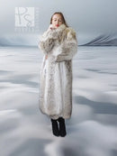 Coyote fur coat with white trim, long length and plush fur collar, front view