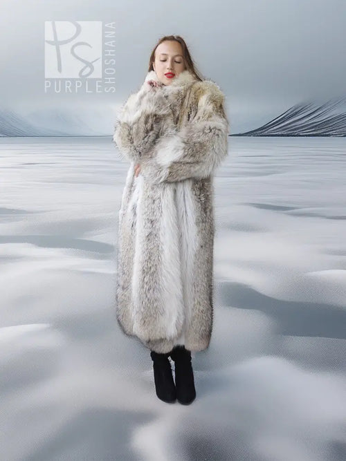 Coyote fur coat with white trim, long length and plush fur collar, front view